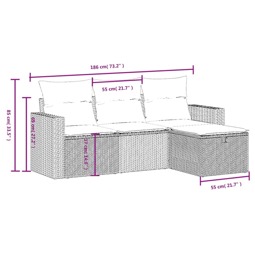 4-teiliges Gartensofa-Set mit Kissen, braun, Polyrattan