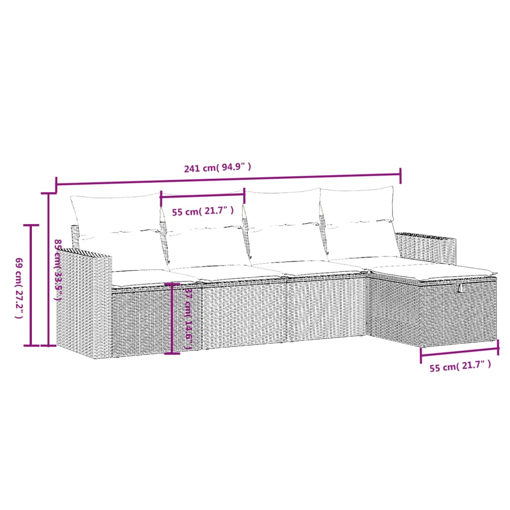 5-teiliges Gartensofa-Set mit Kissen, braun, Polyrattan