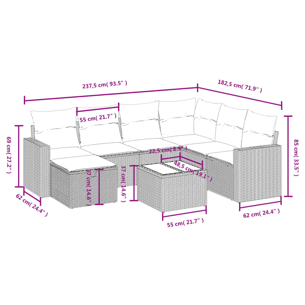 8-piece garden sofa set with cushions, black poly rattan