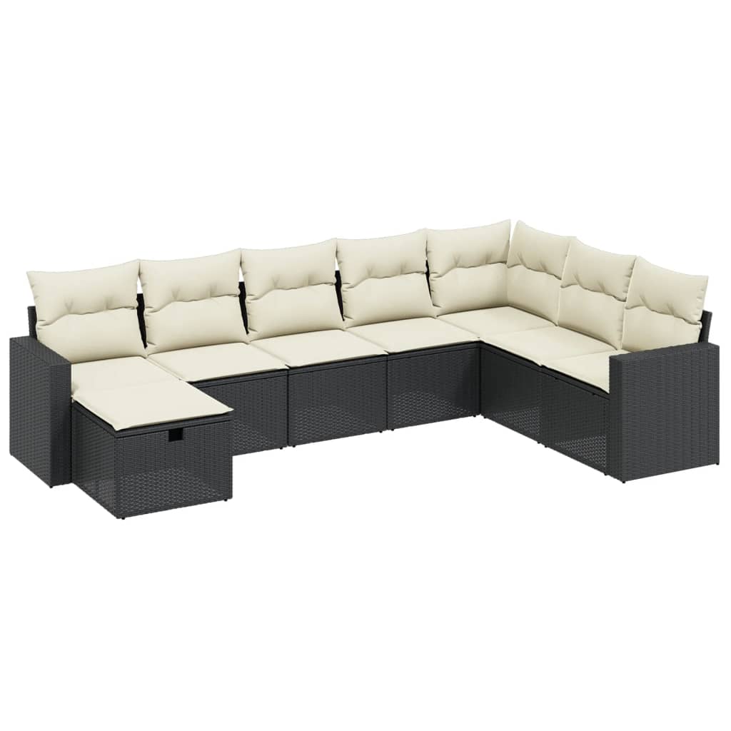 8-piece garden sofa set with cushions, black poly rattan