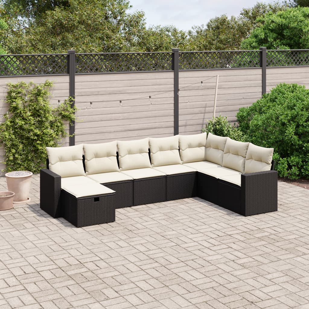8-piece garden sofa set with cushions, black poly rattan