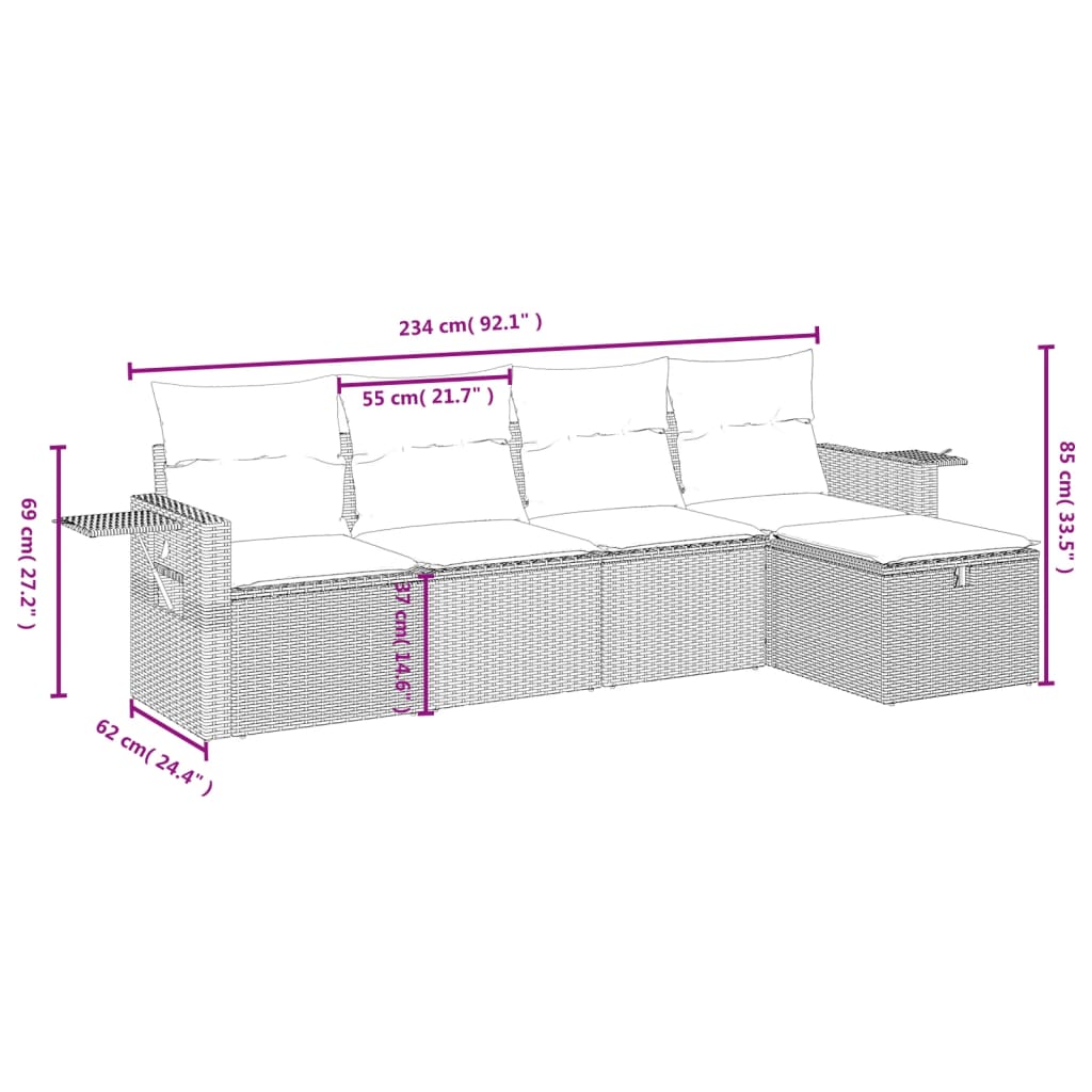 5-teiliges Gartensofa-Set mit Kissen, braun, Polyrattan