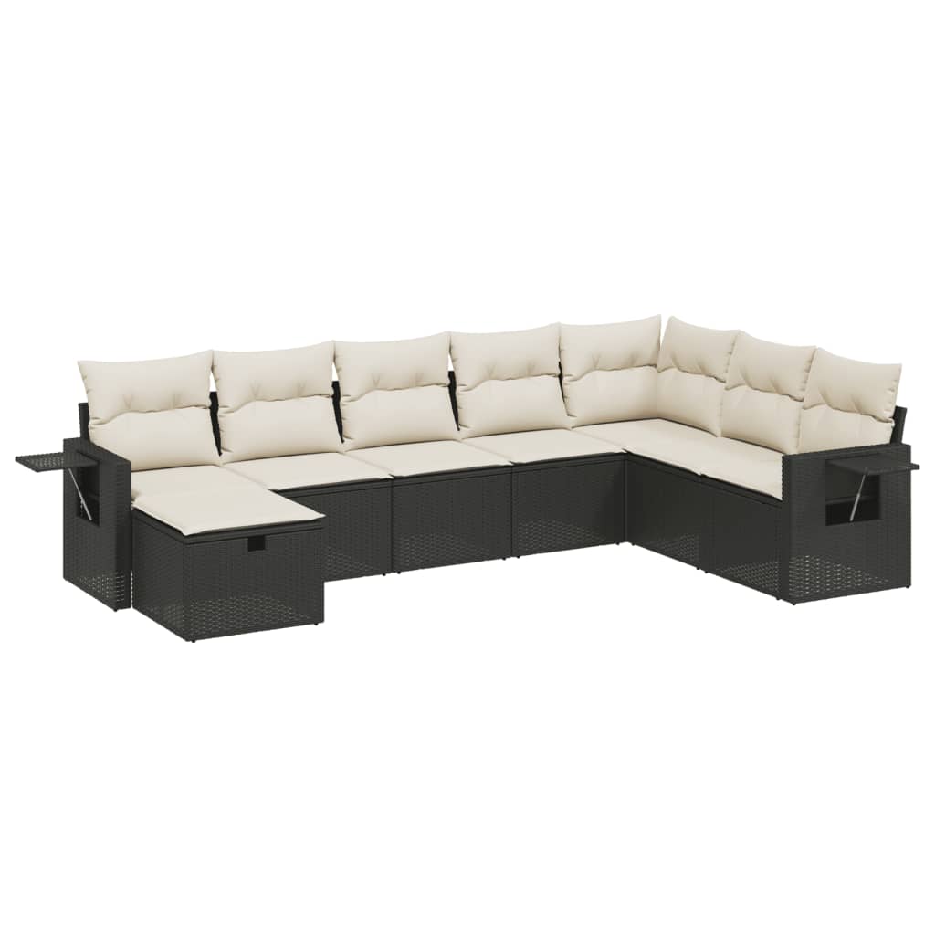 8-piece garden sofa set with cushions, black poly rattan