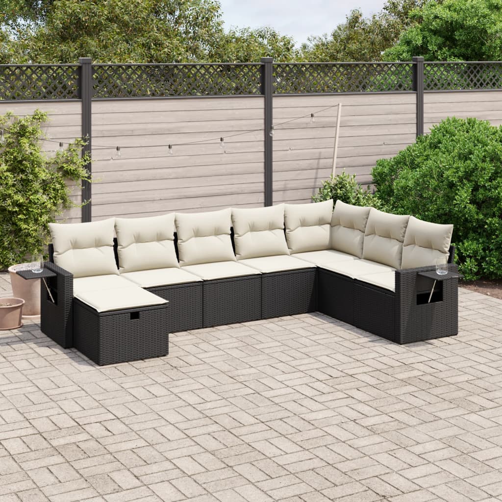 8-piece garden sofa set with cushions, black poly rattan