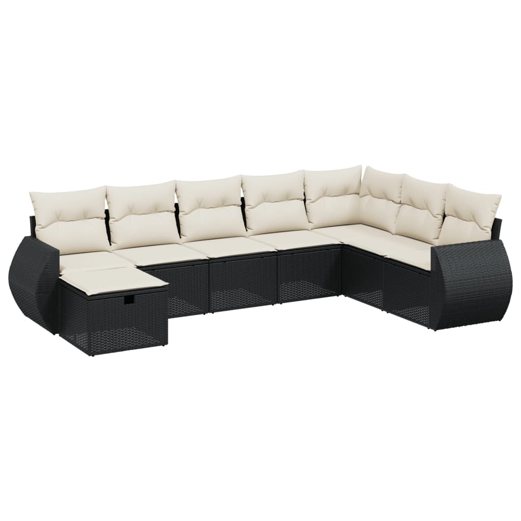 8-piece garden sofa set with cushions, black poly rattan