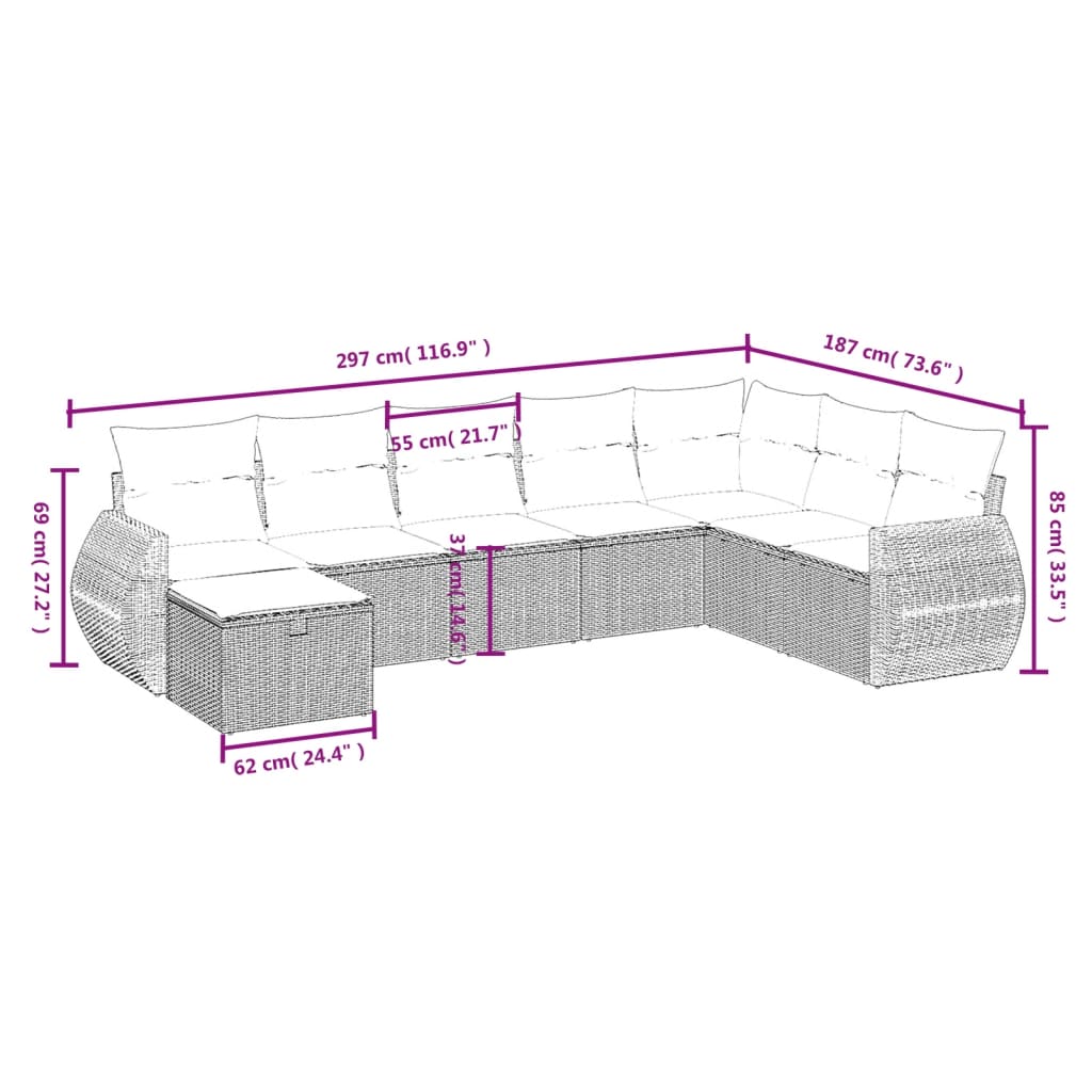 8-piece garden sofa set with cushions, black poly rattan