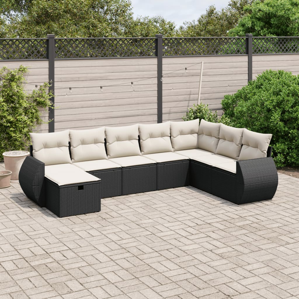 8-piece garden sofa set with cushions, black poly rattan