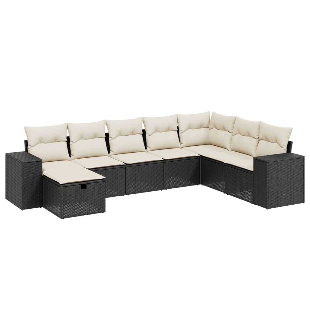 8-piece garden sofa set with cushions, black poly rattan