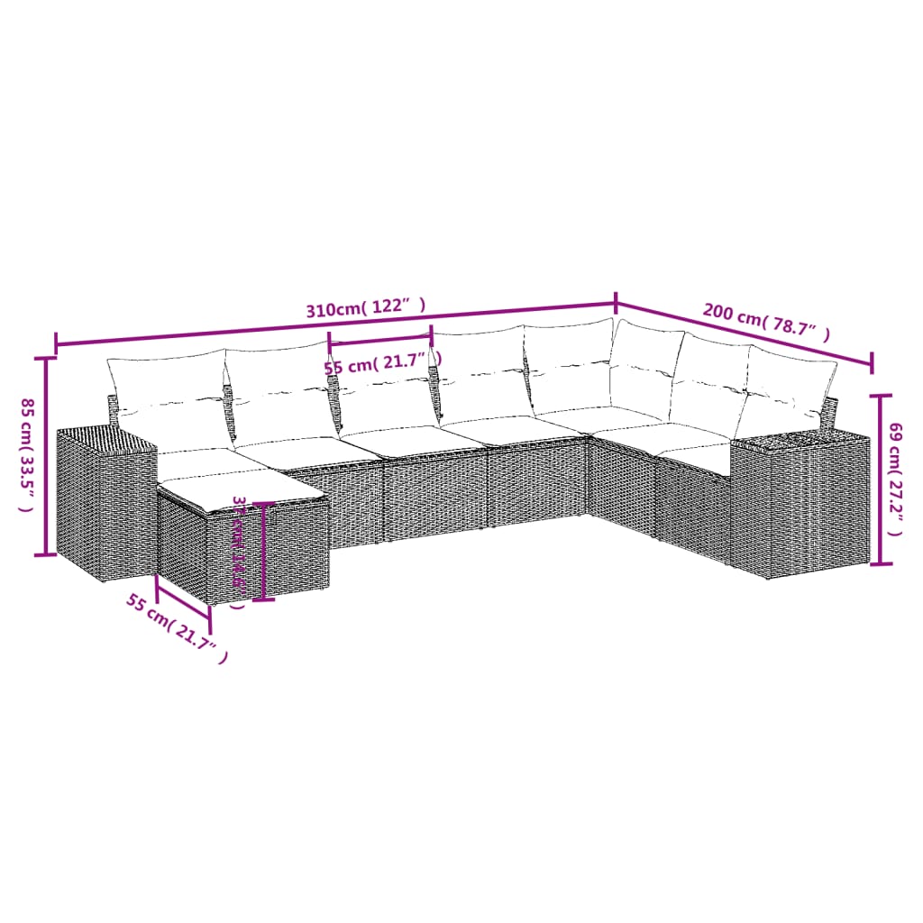 8-piece garden sofa set with cushions, black poly rattan