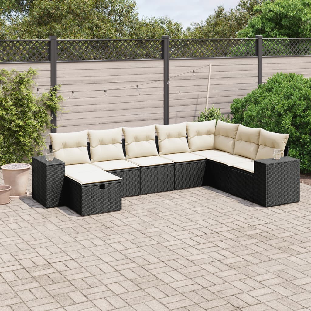 8-piece garden sofa set with cushions, black poly rattan