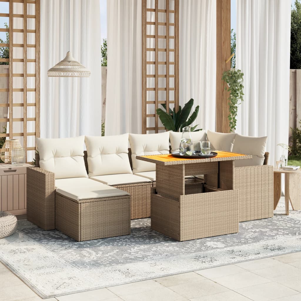 7-tlg. Garten-Sofagarnitur mit Kissen Beige Poly Rattan