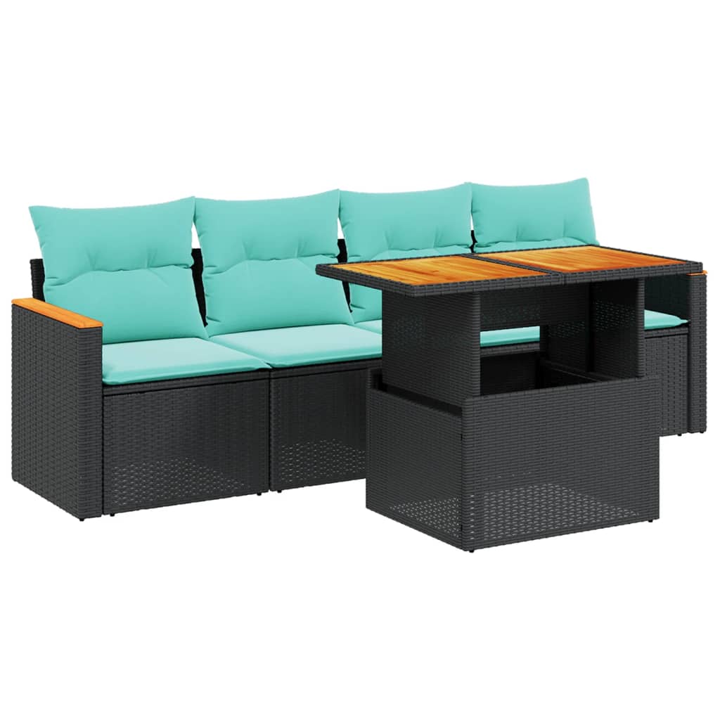 5-tlg. Garten-Sofagarnitur mit Kissen Schwarz Poly Rattan