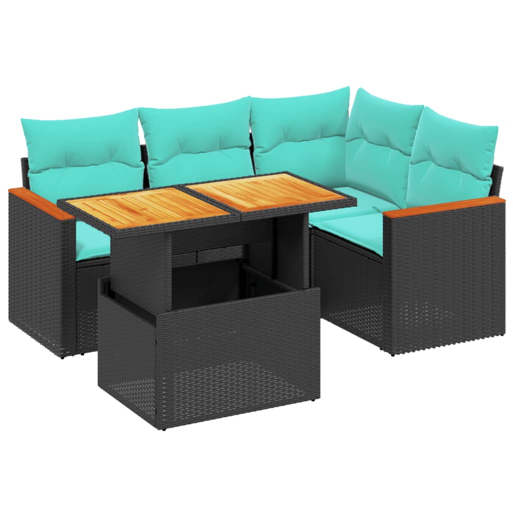 5-tlg. Garten-Sofagarnitur mit Kissen Schwarz Poly Rattan