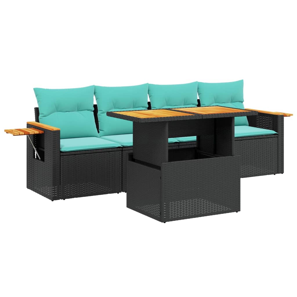 5-tlg. Garten-Sofagarnitur mit Kissen Schwarz Poly Rattan