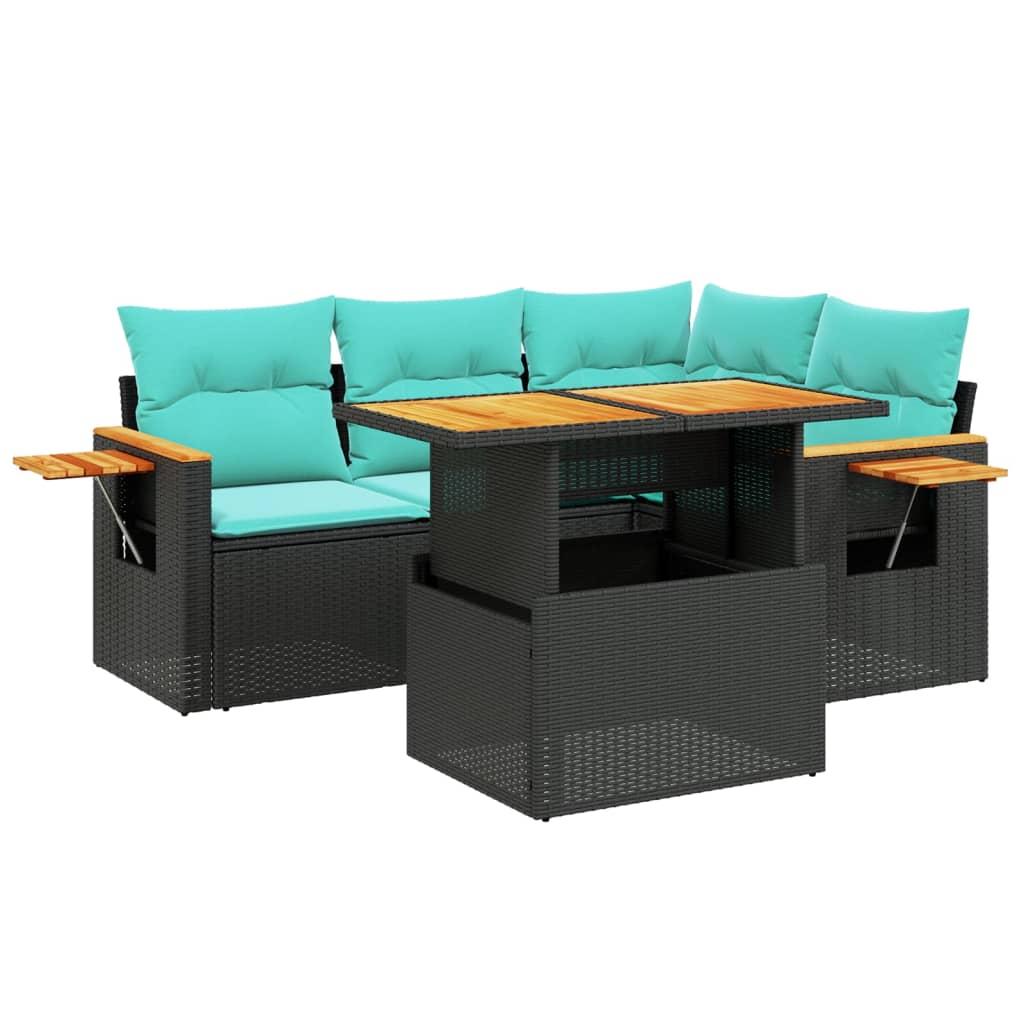 5-tlg. Garten-Sofagarnitur mit Kissen Schwarz Poly Rattan