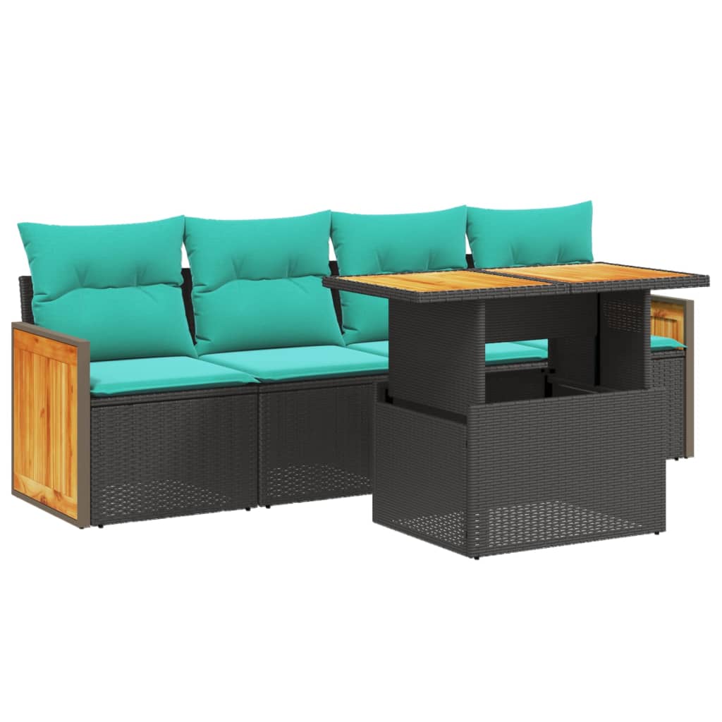 5-tlg. Garten-Sofagarnitur mit Kissen Schwarz Poly Rattan