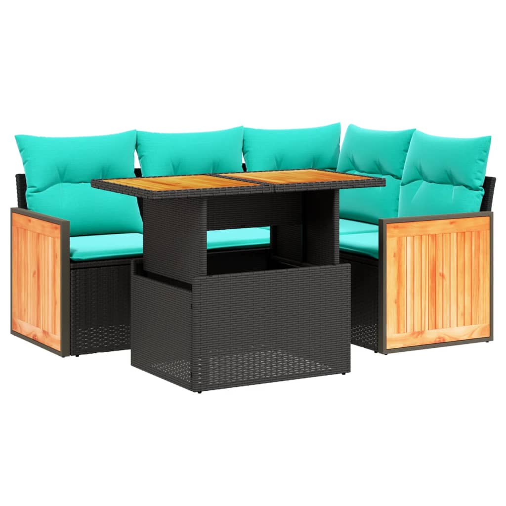 5-tlg. Garten-Sofagarnitur mit Kissen Schwarz Poly Rattan