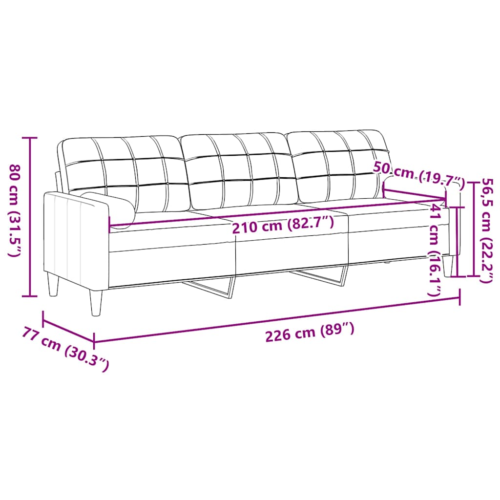 Sofa 3-Sitzer mit Zierkissen Schwarz 210 cm Stoff