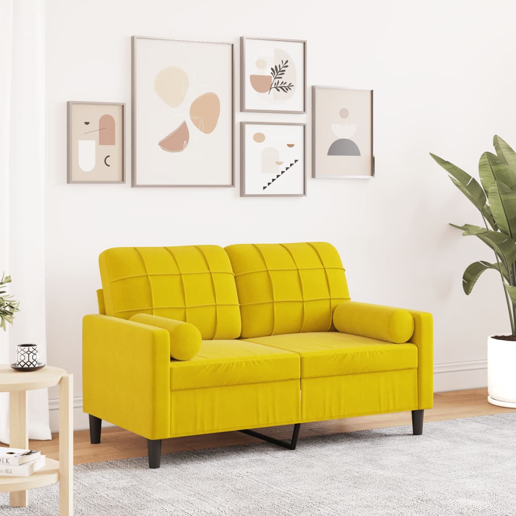 2-seater sofa with decorative cushions yellow 120 cm velvet