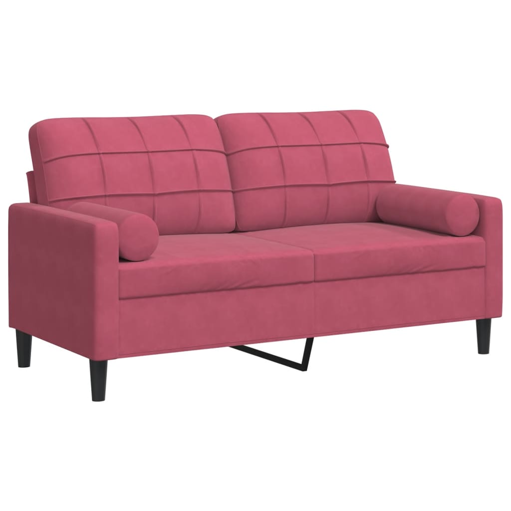 Canapé 2 places avec coussins décoratifs velours bordeaux 140 cm