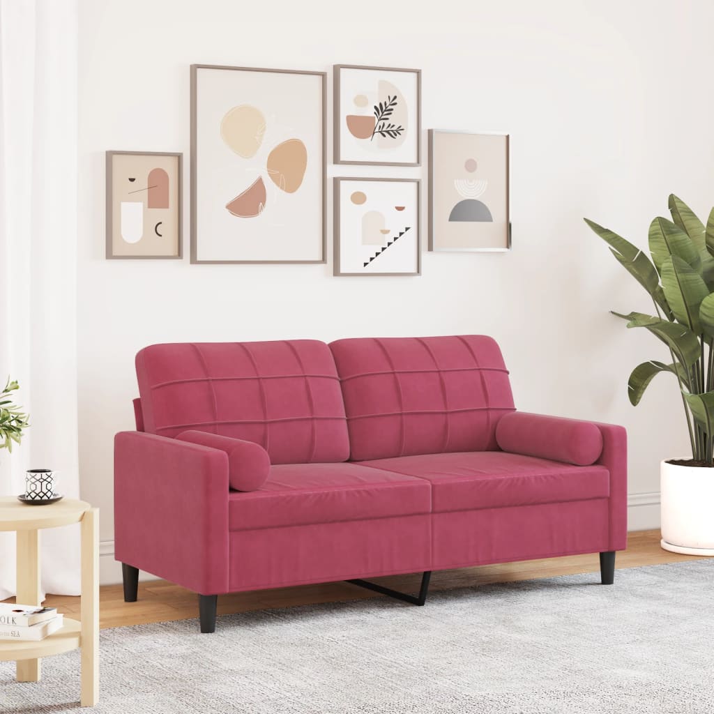 Canapé 2 places avec coussins décoratifs velours bordeaux 140 cm
