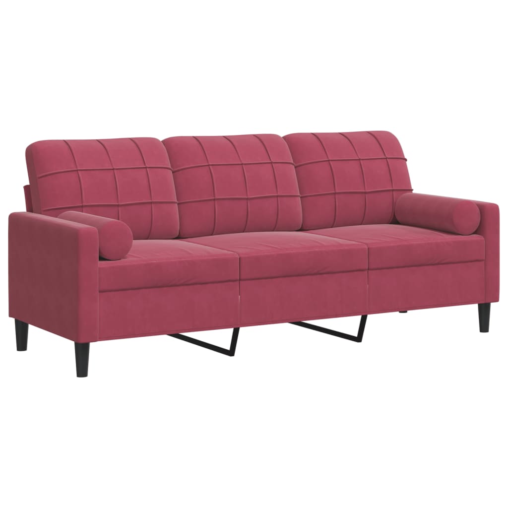 Canapé 3 places avec coussins décoratifs velours bordeaux 180 cm