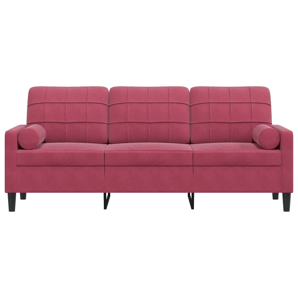 Canapé 3 places avec coussins décoratifs velours bordeaux 180 cm