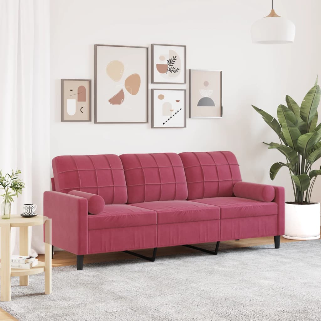 Canapé 3 places avec coussins décoratifs velours bordeaux 180 cm