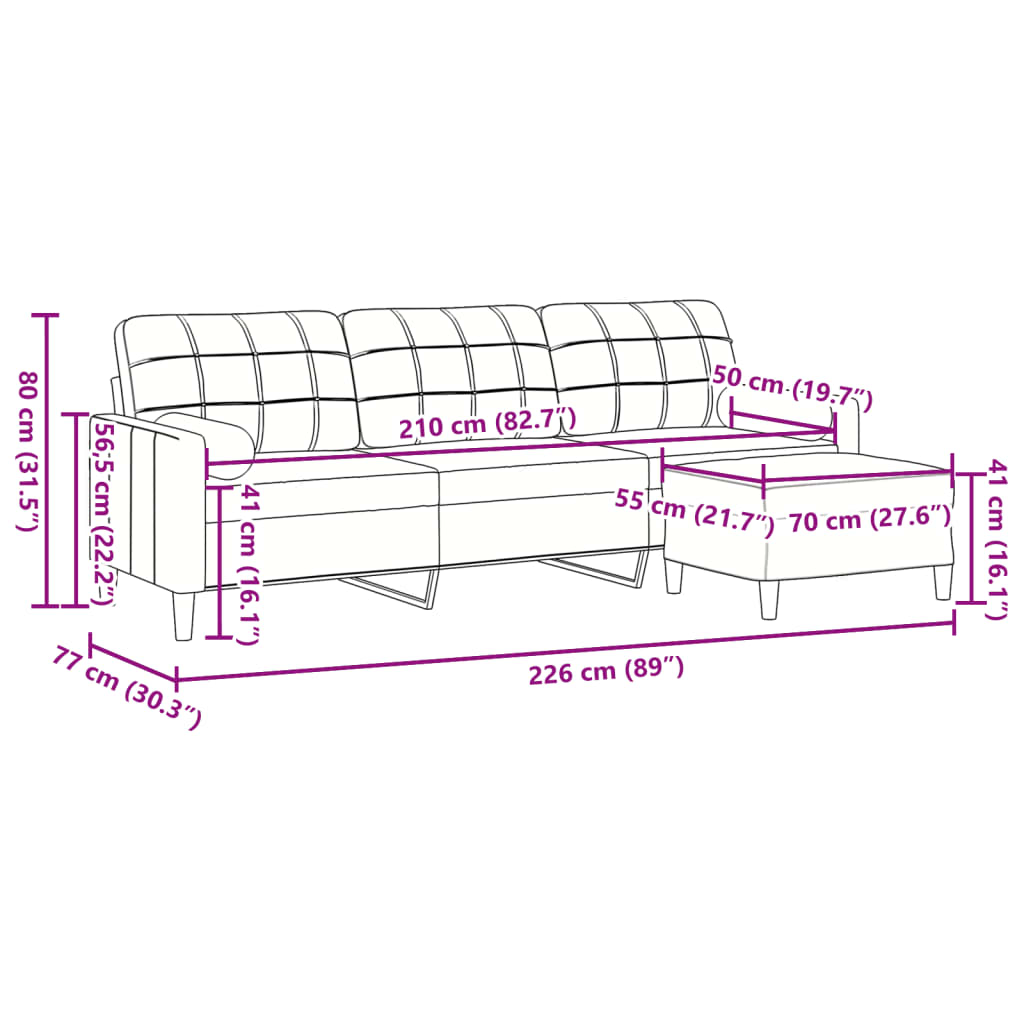3-Sitzer-Sofa mit Hocker Hellgrau 210 cm Samt