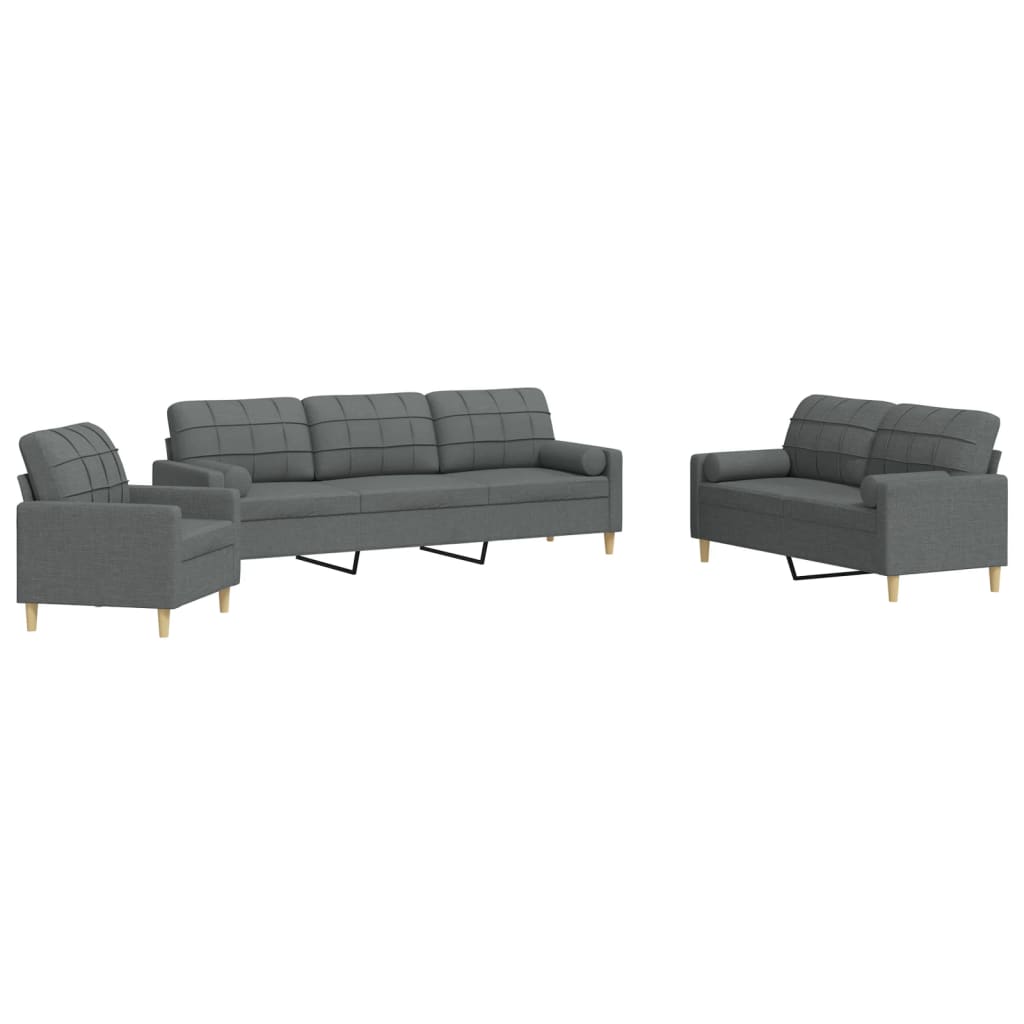 Ensemble de canapé 3 pièces avec coussins décoratifs en tissu gris foncé