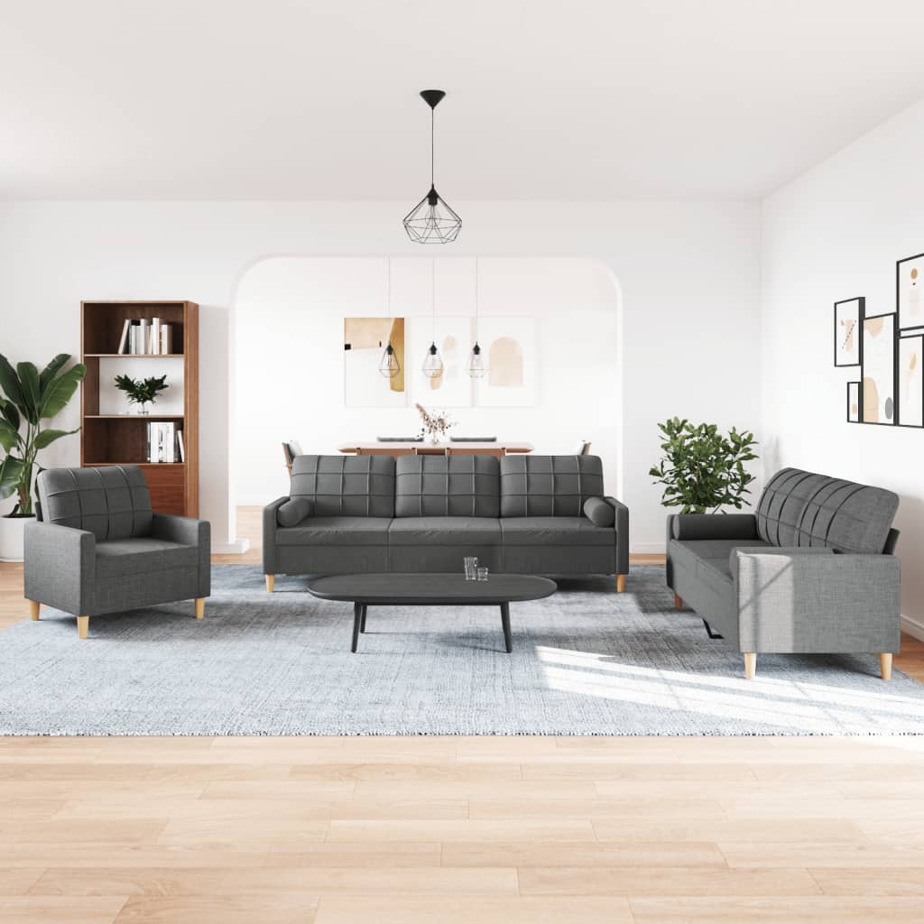 Ensemble de canapé 3 pièces avec coussins décoratifs en tissu gris foncé