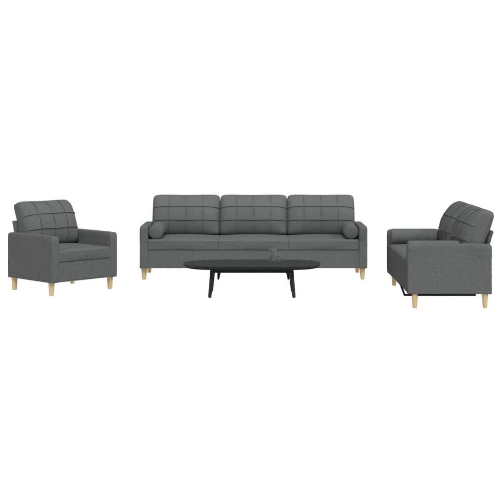 Ensemble de canapé 3 pièces avec coussins décoratifs en tissu gris foncé