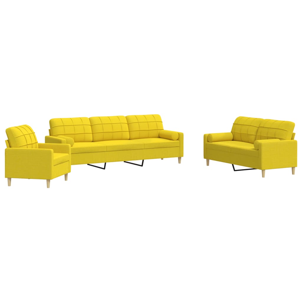 3-piece sofa set with decorative cushions in light yellow fabric