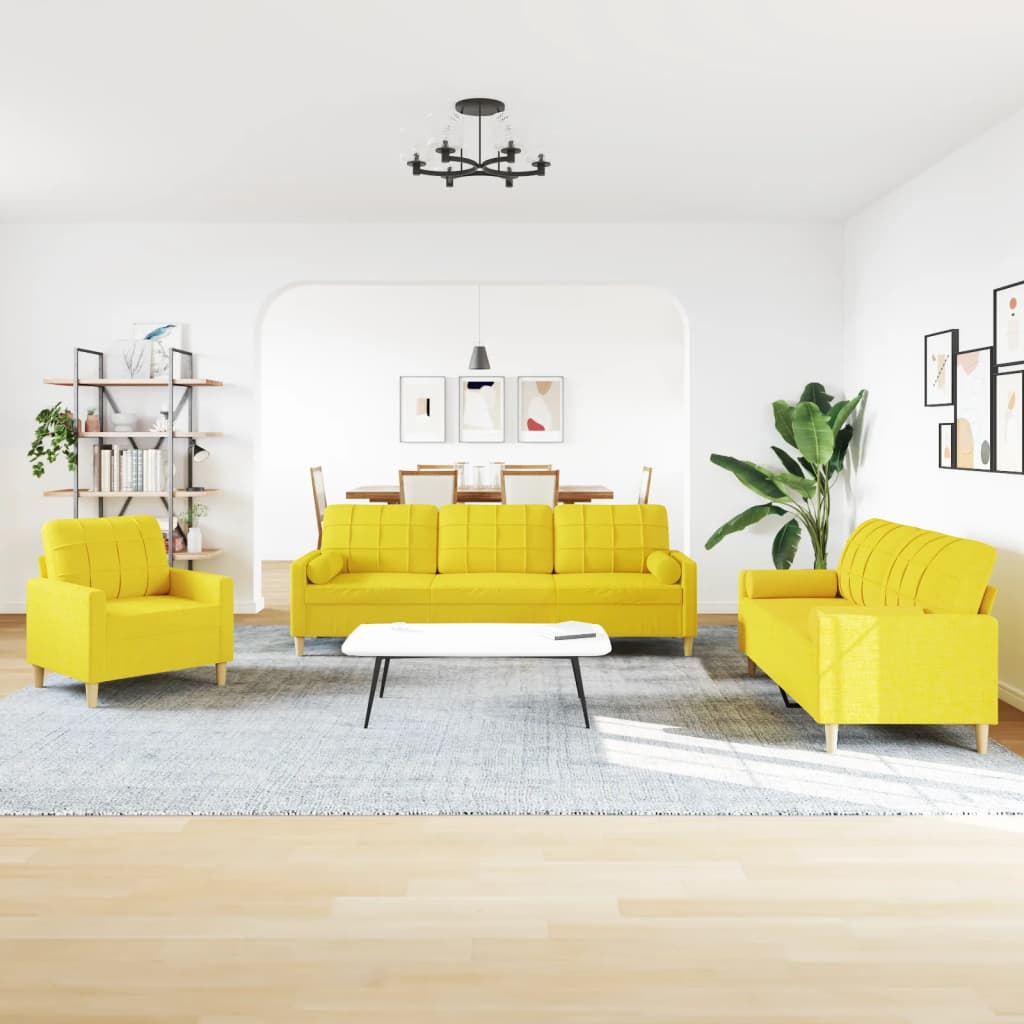 3-piece sofa set with decorative cushions in light yellow fabric