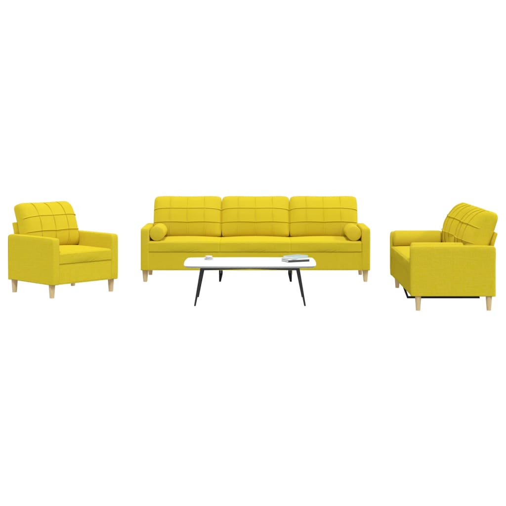 3-piece sofa set with decorative cushions in light yellow fabric