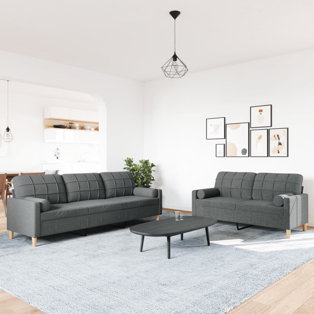 Ensemble de canapé 2 pièces avec coussins décoratifs en tissu gris foncé