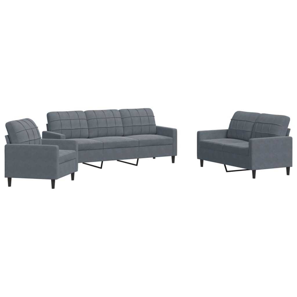 Ensemble de canapé 3 pièces avec coussins en velours gris foncé