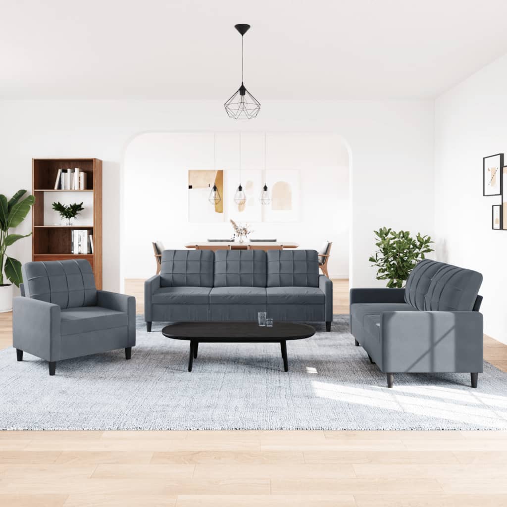 Ensemble de canapé 3 pièces avec coussins en velours gris foncé