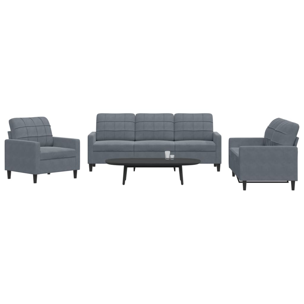 Ensemble de canapé 3 pièces avec coussins en velours gris foncé