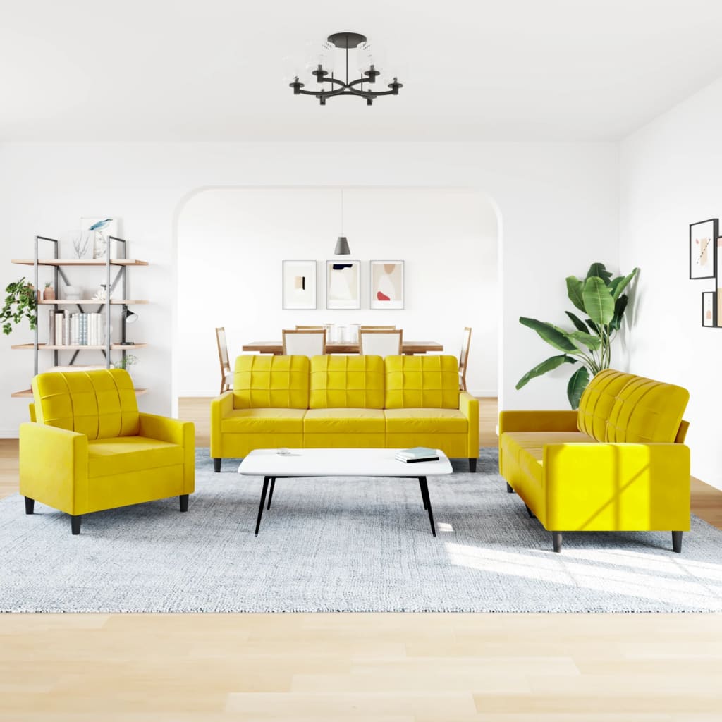Ensemble de canapé 3 pièces avec coussins en velours jaune