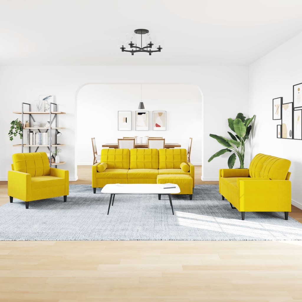4-piece sofa set with cushions and bolsters yellow velvet
