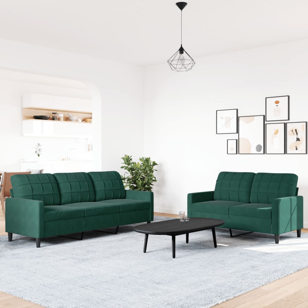 Ensemble de canapé 2 pièces avec coussins en velours vert foncé