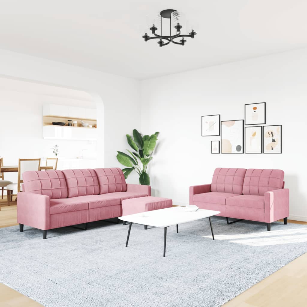 3-tlg. Sofagarnitur mit Kissen Rosa Samt