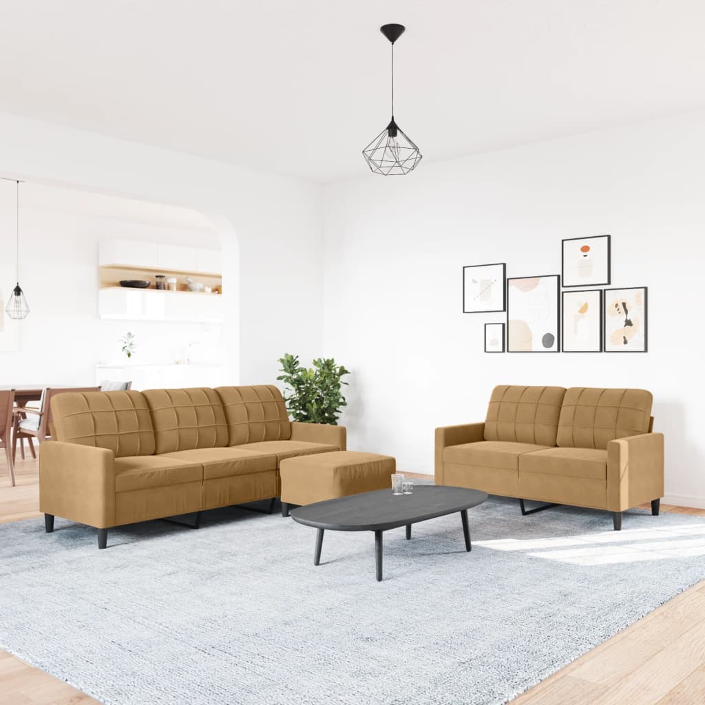 3-tlg. Sofagarnitur mit Kissen Braun Samt