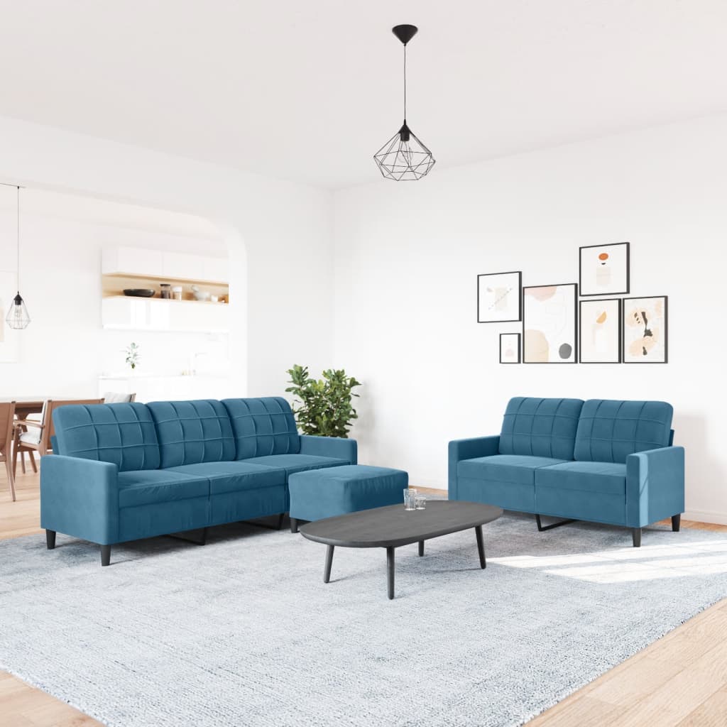 3-tlg. Sofagarnitur mit Kissen Blau Samt