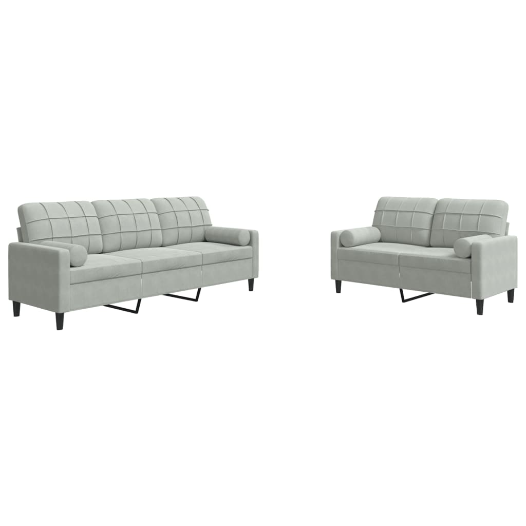 Ensemble de canapé 2 pièces avec coussins et appuie-tête en velours gris clair