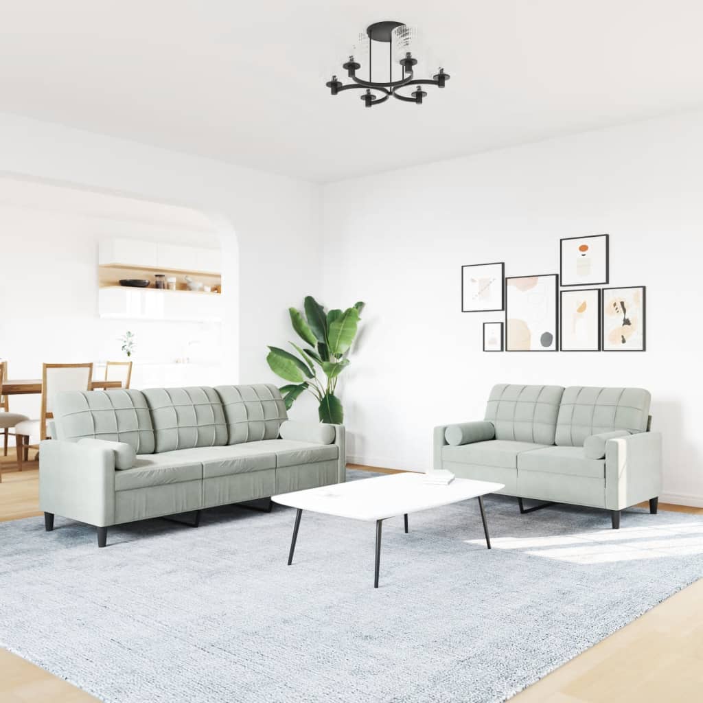 Ensemble de canapé 2 pièces avec coussins et appuie-tête en velours gris clair