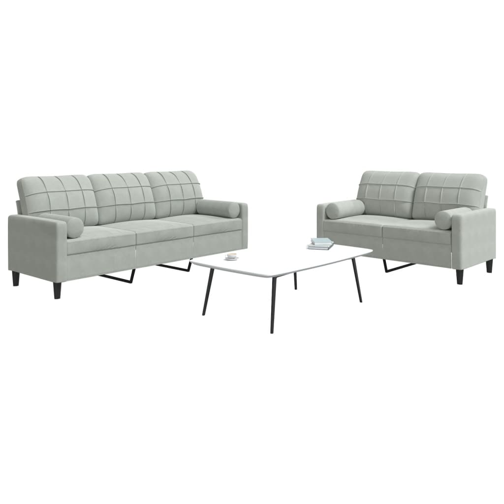 Ensemble de canapé 2 pièces avec coussins et appuie-tête en velours gris clair