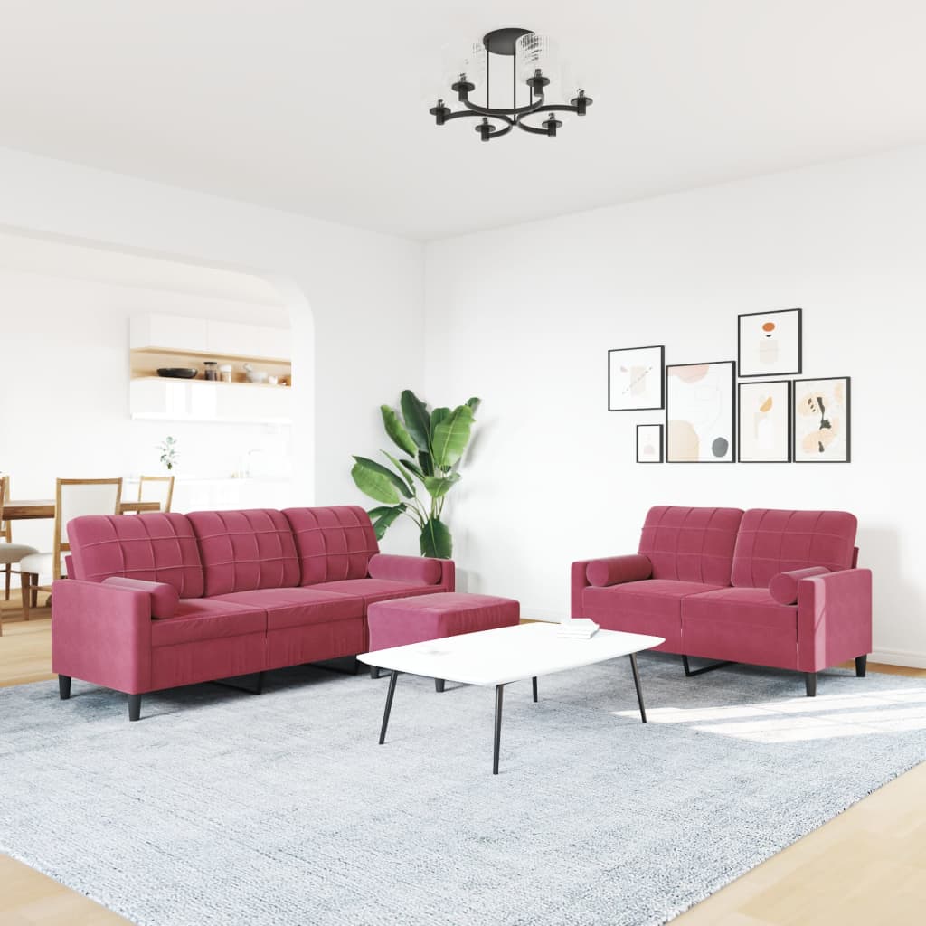 3-tlg. Sofagarnitur mit Kissen und Nackenrollen Weinrot Samt