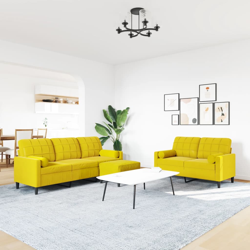 3-piece sofa set with cushions and neck rolls yellow velvet